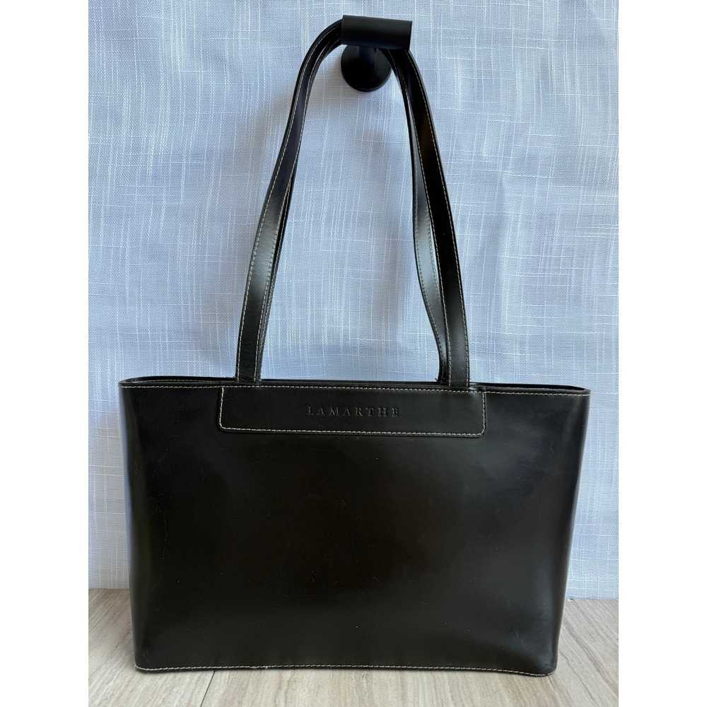 Lamarthe Paris Shoulder Bag Black Leather White Stitching Vintage 90s Minimalist